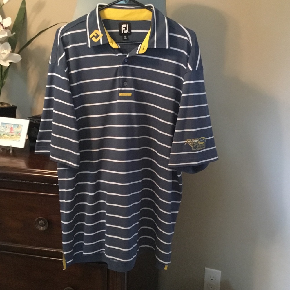 FootJoy-EUC-Men’s Navy and White Striped Golf Polo with Yellow Trim